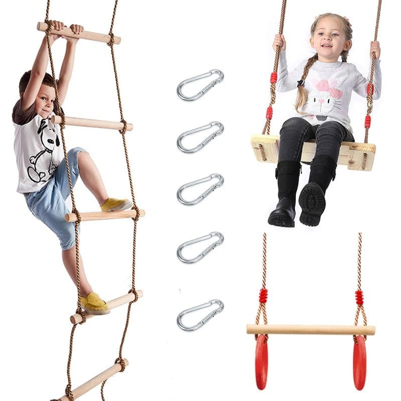 Weavelife 3 Pcs Gym Swing Set Includes Wooden Swing, Trapeze Bar with Rings & Climbing Rope Ladder for Kids, Indoor/Outdoor Play Equipment Combo Toy Gift with Hanging Hooks Weavelife