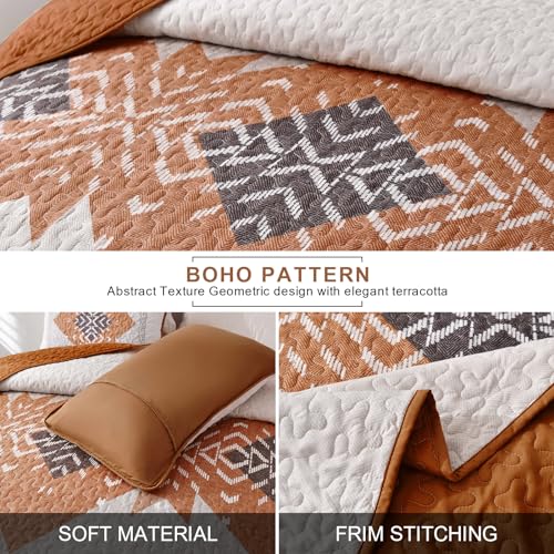 Dintszyayue Boho Quilt Set King Size 3 Pieces Aztec Texture Bedspread Coverlet Set Bohemian Quilt Bedding Set Microfiber Lightweight Bed Cover for All Seasons (Terracotta, 90"×103") Dintszyayue