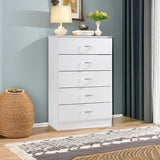 HODEDAH 5 Drawer Wood Dresser for Bedroom, Chest of Drawers with Metal Rails for Support when Storing Clothing, White Hodedah