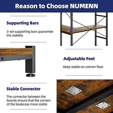NUMENN Vintage 5 Tier Corner Bookshelf - Modern Open Shelf Bookcase for Living Room, Bedroom, and Home Office NUMENN