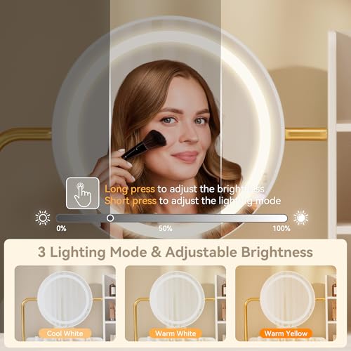 Dowinx Vanity Desk with LED Lighted Mirror & Power Outlet, White Vanity Desk with Adjustable 3 Lighting Modes, Small Vanity Desk for Bedroom, Makeup Vanity with Chair for Girl, Gold and White Dowinx