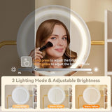 Dowinx Vanity Desk with LED Lighted Mirror & Power Outlet, White Vanity Desk with Adjustable 3 Lighting Modes, Small Vanity Desk for Bedroom, Makeup Vanity with Chair for Girl, Gold and White Dowinx