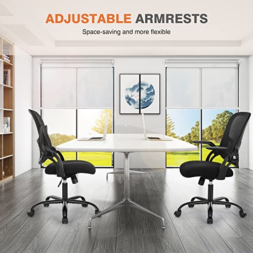 Sweetcrispy Office Computer Desk Chair, Ergonomic Mid-Back Mesh Rolling Work Swivel Task Chairs with Wheels, Comfortable Lumbar Support, Comfy Flip-up Arms for Home, Bedroom, Study, Student, Black Sweetcrispy