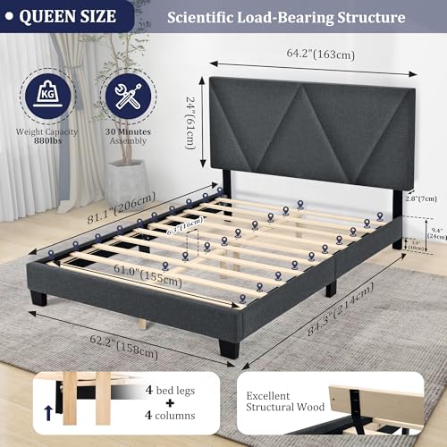 FINATI Queen Size Wood Platform Bed Frame with Upholstered Headboard for Noise-Free Sleep and Easy Assembly - WoodArtSupply