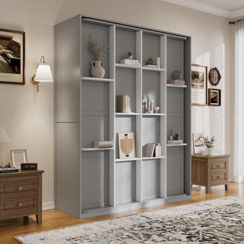 Merax Rotating Queen Murphy Bed with Hidden Storage Racks, Space-Saving Multifunctional Wall Bed for Home Office & Small Rooms Merax