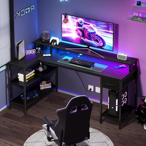 DUMOS 53” Gaming Desk with USB Charging Ports & LED Lights, Reversible L Shaped Desks Computer Corner Gamer Table with Power Outlets Monitor Stand Storage Shelves for Home Office Small Space, Black DUMOS
