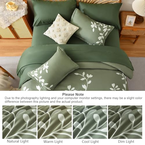 METAHOTS Queen Size Comforter Set - 7 Piece Floral Botanical on Green Comforter Sets with Sheets and Pillows, Soft Lightweight Microfiber Bedding Set for All Season(90"X90") METAHOTS