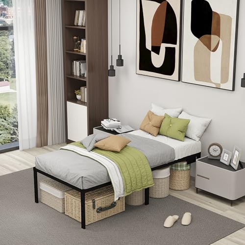 HusDream Twin XL Bed Frames for Kids 14 Inch Twin Bed Frame with LED Lights and Charging Station,Metal Bed with Storage Black Platform Bedsfor Boys Girls,No Box Spring Needed (14 Inch, Twin XL) HusDream