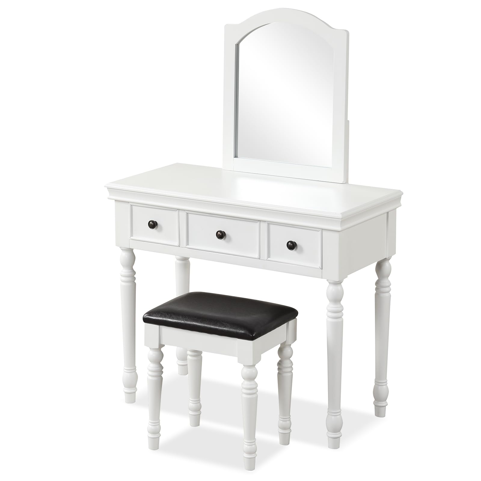 CHARMAID Makeup Vanity Desk with Mirror and Stool, 34'' Wide Vanity Table Set with Large Mirror, 3 Drawers, Cushioned Stool, Solid Wood Legs, Bedroom - WoodArtSupply