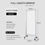 AISUNDY Swivel Adjustable Full Length Mirror on Wheels, Pine Wood Frame Cheval Bedroom Floor Mirror Dressing Mirror Body Mirror with Standing Holder (White, 65"x22") AISUNDY