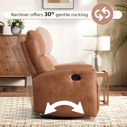 HAOMARKETS Swivel Rocker Recliner Chair, Manual Faux Leather Glider Rocking Recliners for Adults, 360° Swivel Nursery Reclining Sofa with Padded Backrest for Living Room, Dark Brown