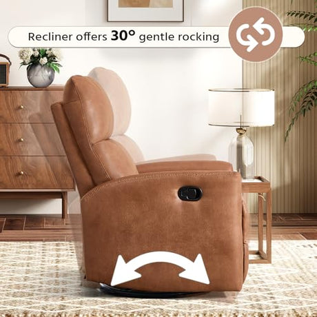 HAOMARKETS Swivel Rocker Recliner Chair, Manual Faux Leather Glider Rocking Recliners for Adults, 360° Swivel Nursery Reclining Sofa with Padded Backrest for Living Room, Dark Brown HAOMARKETS