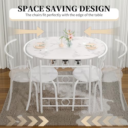 VECELO 3-Piece Dining Table Set for Kitchen Breakfast Nook, Faux Marbled Oval Tabletop and Metal Frame with Built-in Wine Rack, for Small Spaces, White VECELO