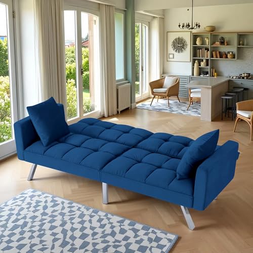 78" Modern Sofa Bed Futon,Convertible Sleeper Bed Couch with 4 Reclining Backrest,Comfy Velvet Cloud Sofa Loveseat for Living Room Bedroom Office (Navy) Anwick