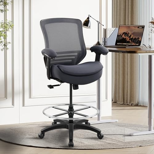 WITTLONG 400lbs Wide Mid-Back Office Drafting Chair with Extra Seat Cushion for High Standing Desk with Lumbar Support and Enlarged Adjustable Footring(Gray) WITTLONG