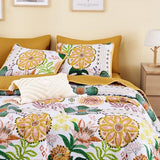 Wake In Cloud - Boho Quilt Set, Floral Bohemian Chic Farmhouse Tropical Botanical Colorful Flower Pattern, Reversible Lightweight Bedspread Coverlet, 3 Pieces, Amber Gold, King Size Wake In Cloud