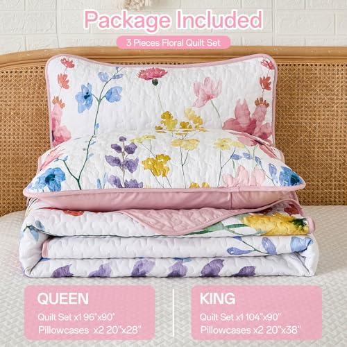 Anibedding Queen Quilt Set, Reversible Pink Floral Bedspread Soft Microfiber Lightweight Queen Size Quilt Bedding Sets Flower Coverlet for All Season(Queen, 96"x90") Anibedding