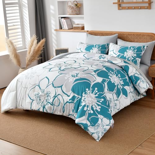 Anibedding Teal Floral Comforter Set King Size 7 Piece, Teal Blue Flower Bed in a Bag, Elegant Botanical Floral Comforter Soft Microfiber Complete Bedding Set for All Season, (Teal, 104"x90") Anibedding