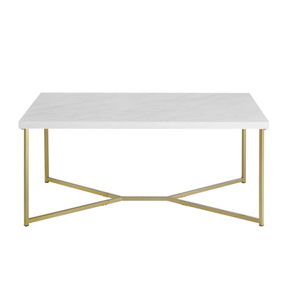 Walker Edison Mid Century Modern Marble Gold Rectangle Coffee Table Living Room Accent Ottoman Storage Shelf, 42 Inch, Marble and Gold - WoodArtSupply