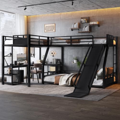 Metal Triple Bunk Beds with Slide, Desk and Storage Shelves, L-Shaped Twin Over Full Bunk Bed with 2 Ladders and Guardrails for Kids Teens, Noise-Free Design (Black, Twin/Full) CITYLIGHT
