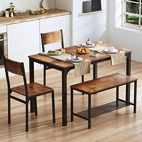 soges 4 Pieces Dining Table Set, 43.3 inch Kitchen Table Set for 4, Dining Set with 2 Chairs and Bench with Storage Rack, Nesting Furniture Set for Dining Room, Kitchen, Restaurant, Rustic Brown soges
