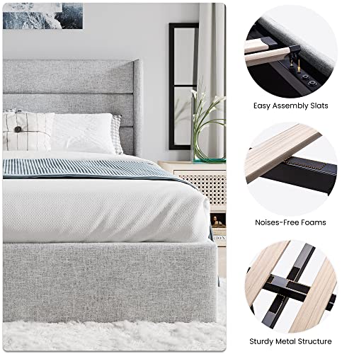 SHA CERLIN King Size Lift Up Storage Bed/Modern Wingback Headboard/Upholstered Platform Bed Frame/Hydraulic Storage/No Box Spring Needed/Wood Slats Support/Light Grey SHA CERLIN