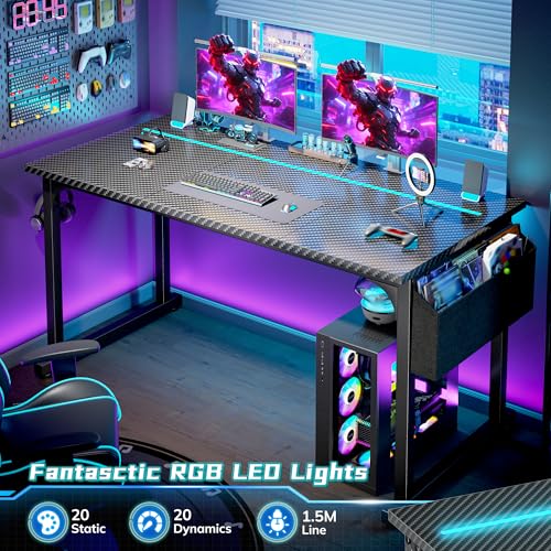 DurayLoly 55 Inch Gaming Desk with LED Lights,Computer Desk with Storage Bag for Home Office, Simple Office Desk with Headphone Hook for Study Writing Work Desk,Sturdy Metal Frame,Black DurayLoly