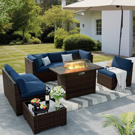 VONZOY 8 Pieces Outdoor Patio Furniture Set with 44" Fire Pit Table Rattan Sectional Conversation Sets w/Gas Fire Pit, Coffee Table, 2 Waterproof Covers, Navy Blue VONZOY