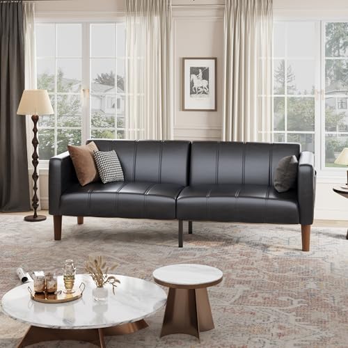 GarveeHome Futon Sofa Bed, 75-Inch Modern Faux Leather Convertible Couch, Mid-Century Loveseat for Small Space, Living Room, Bedroom, Black GarveeHome
