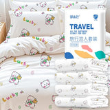 LINLAY Disposable Travel Bedding Set, 4 Piece Lucky Bear Print, Thickened SMS Fabric, Hotel Sheets and Pillowcases (Single - 3-Piece Set, A - Cartoon) LINLAY