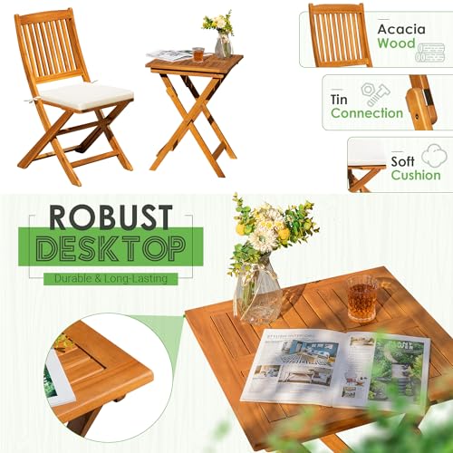 Greesum 3 Piece Patio Folding Furniture Bistro Set with 2 Cushions for Pool Beach Backyard Balcony Porch Deck Garden, Acacia Wood - WoodArtSupply