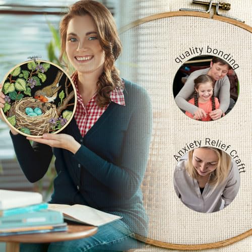 GOLDEN SMILE Robin Embroidery Starter Kit (8" Bamboo Hoop, 3 Needles & Ample Thread Included) - Water-Soluble Nest Pattern, Video Tutorials for Beginners - Create a Symbol of Hope & Warmth