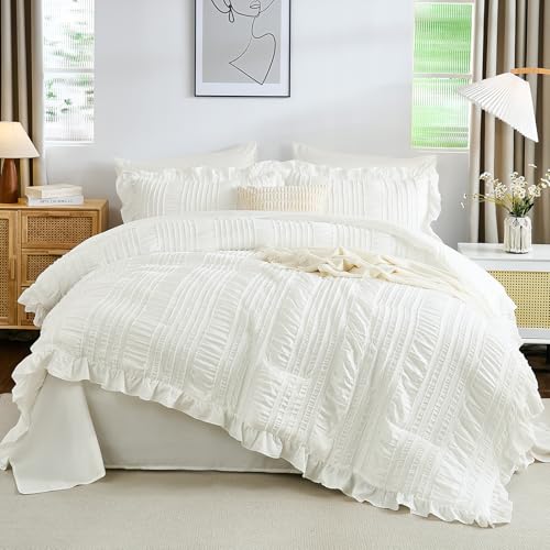 WONGS BEDDING White Comforter Set King,7 Pieces Ruffle Comforter Set with Sheets,Textured Bed in a Bag for King Bed 104"×90" WONGS BEDDING