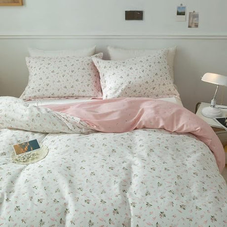 Cotton Floral Duvet Cover Queen Pink White Floral Bedding Sets Vintage Style Garden Floral Comforter Cover Boho Flower Botanical Duvet Cover Girls Women Aesthetic Queen Duvet Cover with Zipper Ties AMWAN