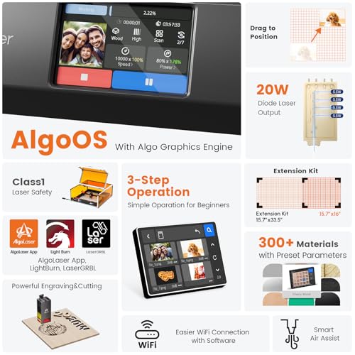 Algolaser 20W Laser Engraver Machine - Laser Cutter/Engraver with Air Assist Kit - Laser Engraving Machine with 3.5" Smart Touchscreen & AlgoOS System, Laser Engraver for Wood,Metal,Glass AlgoLaser