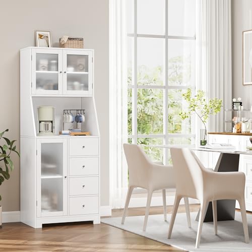 BOTLOG 64'' Kitchen Pantry Storage Cabinet, Tall Kitchen Storage Cabinet with Microwave Stand, Hutch Cabinet with Adjustable Shelves, for Dining Room (White) BOTLOG