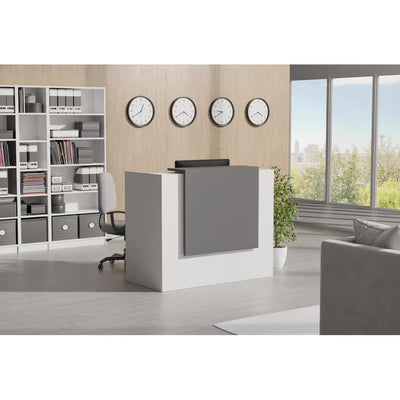 UGOS ICN 53" Modern Reception Desk, Multifunctional Modern Transaction Counter Top, Laminate Desktop, Standing Front Table for Office, Home, School, Salon, Spa - White & Anthracite Gray