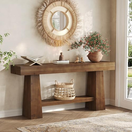 TRIBEWOOD Solid Wood Console Table, 63-Inch EntrywayTable with Storage, Long Wooden Sofa Table Behind Couch for Entryway, Hallway, Foyer, Living Room TRIBEWOOD