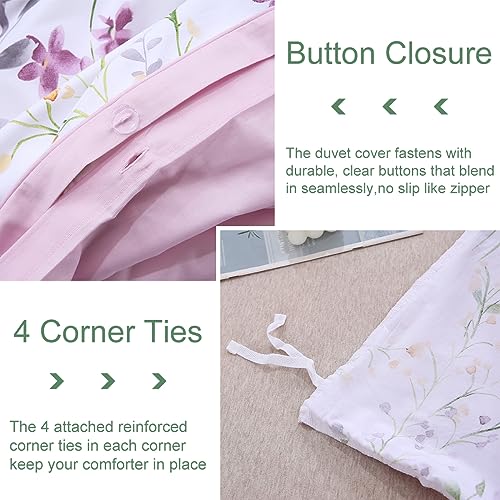 URBONUR Floral Duvet Cover Set Twin Size 3-Pieces Egyptian Cotton Percale Weave Garden Chic Flowers Comforter Bedding Set, Soft and Breathable Duvet Covers with Button Closure URBONUR