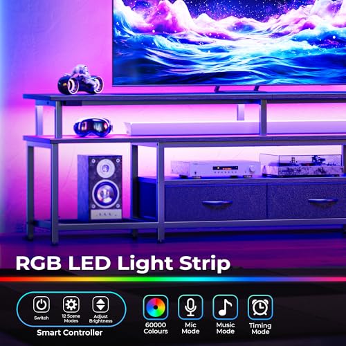 Huuger TV Stand for 65 70 Inch TV, Entertainment Center with Power Outlets and LED Lights, TV Console for Living Room, Media Console with Drawers and Shelves, Black Huuger