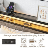 BOFENG Twin Bed Frame with Wood Headboard and USB Charging Station,Heavy Duty Metal Platform Single LED Bed Frame Twin Size with Storage No Box Spring Needed,Strong Steel Slats,Noise Free,Rustic Grey BOFENG