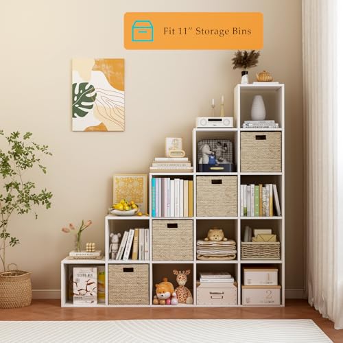 OSCHF Ladder Cube Storage Bookcase - Wooden L-Shaped 5-Tier Corner Shelf, Reversible 15-Cube Organizer for Home & Office, White OSCHF