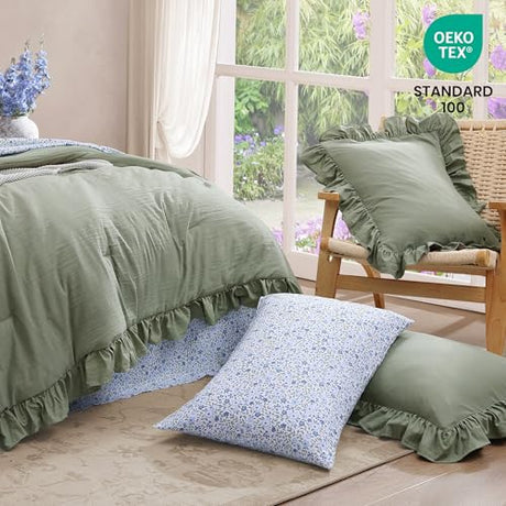 BLOOMHAVEN Full Comforter Set - 7 Pieces Ruffle Sage Green Bedding Sets, Shabby Chic Farmhouse Bed in a Bag Full with Ruffle Comforter, Floral Sheets, Pillowcases & Shams BLOOMHAVEN