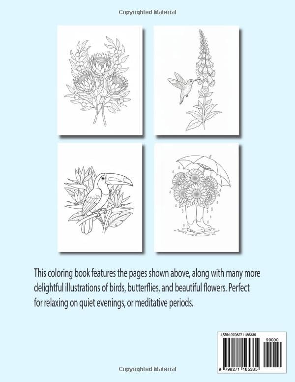 Birds, Blooms, & Insects: A coloring activity book | 8.5 inches by 11 inches | 50 coloring pages Majosta