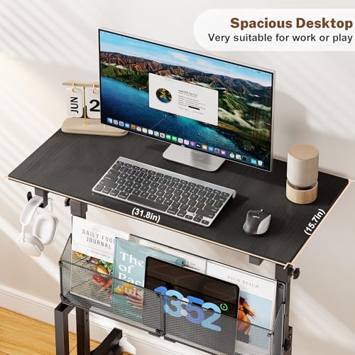 Height Adjustable Standing Desk With Storage, Small Stand Up Desk With wheels, Portable Rolling Desk for Home Office, Mobile Sit Stand Desk for Small Spaces, For Walking Pad Treadmill, Black Huxitocan