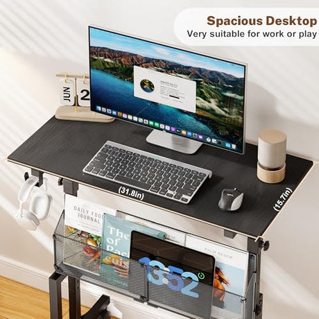 Height Adjustable Standing Desk With Storage, Small Stand Up Desk With wheels, Portable Rolling Desk for Home Office, Mobile Sit Stand Desk for Small Spaces, For Walking Pad Treadmill, Black Huxitocan