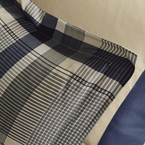 Intelligent Design Robbie 7-Piece Twin XL Comforter Set – Lightweight All-Season Plaid Bedding, Navy/Tan, Cozy Bed-in-a-Bag with Matching Shams & Decorative Pillow, Modern Casual Style Intelligent Design