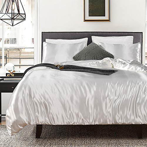 Erosebridal Hotel White Duvet Cover Full Silk Like Satin Bedding Set Reversible Quilt Comforter Cover Honeymoon Sexy Luxury Soft Lightweight Brushed Bedspreads for Farmhouse Room Decor Erosebridal