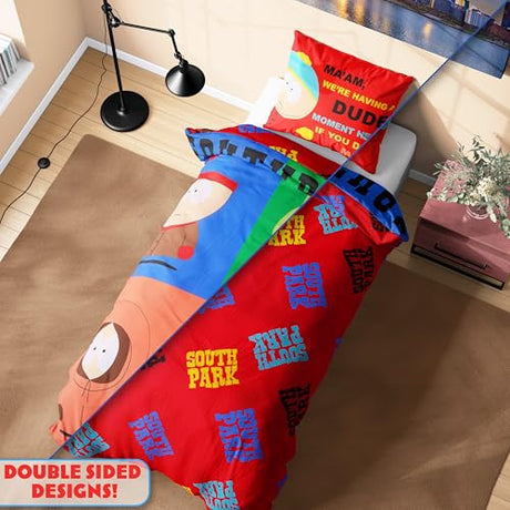 South Park Reversible Duvet Cover & Pillowcase Set for Teens, Men, Single or Double Bed Set, Bedding Decor, Gifts for Him (Multi Single) South Park