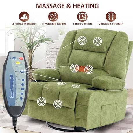KCQ Oversized Swivel Rocker Recliner Chair with Massage Heat Cup Holders Overstuffed Fabric Reclining Glider Chairs for Nursery Manual Rocking Recliner, Green KCQ
